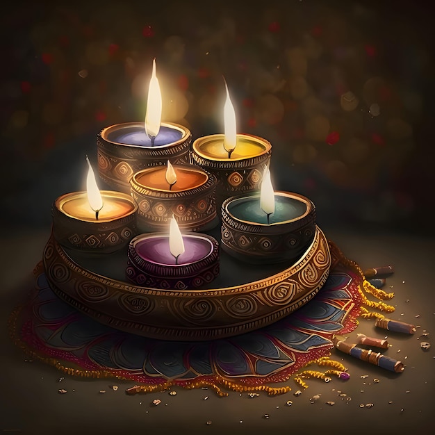 사진 어두운 배경에 여러 개의 불타는 장식된  ⁇ 불의 일러스트레이션 디발리 (dipawali) 인도의 빛의 축제