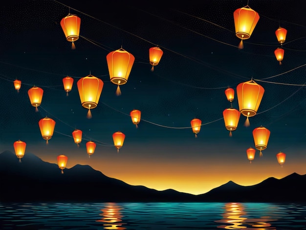 Фото Иллюстрация небесных фонарей, плавающих ночью