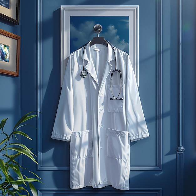 Фото Иллюстрация стетоскопа и белого пальто, висящая на стене в честь национального дня врачей