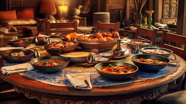 Foto illustration of there is a table with several dishes placed generative ai