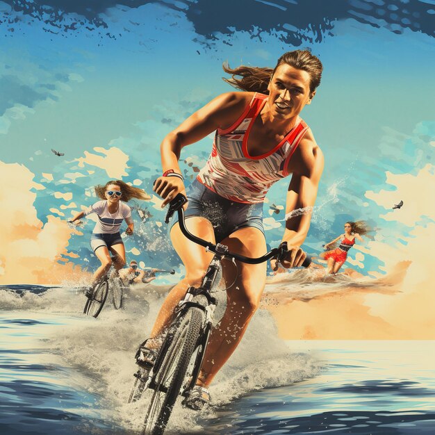 Фото Иллюстрация спортивного коллажа по триатлону мужчина женщина бегает по плаванию