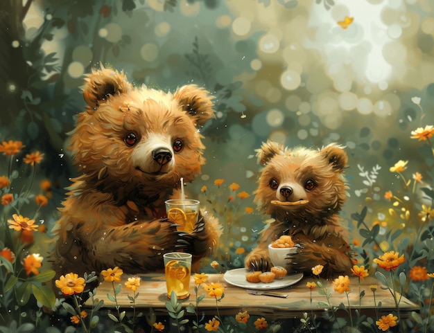 写真 花とお茶を持った2匹のクマのイラスト