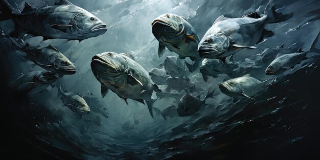 Фото Иллюстрация различных рыб под водой, снятая снизу