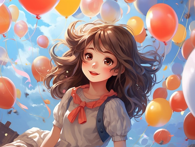Фото Иллюстрация молодой красивой девушки с красочными праздничными воздушными шарами в стиле аниме