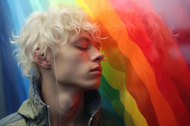 写真 虹の背景にある若い悲しい男のイラスト