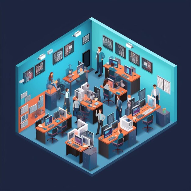 Illustration of office workers in an IT solutions office working on their computers