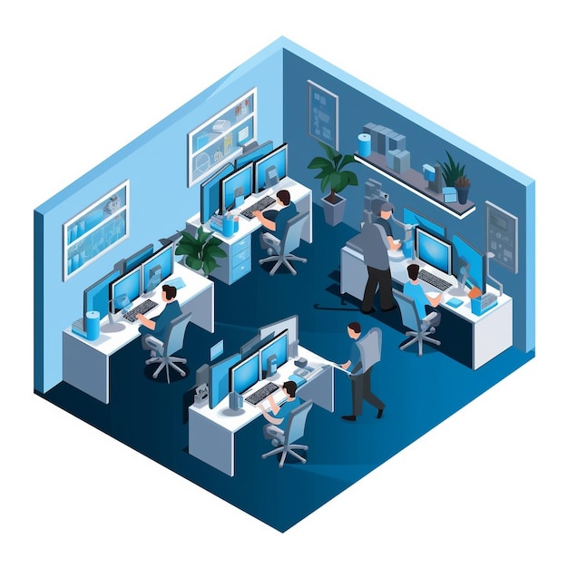 Illustration of office workers in an IT solutions office working on their computers
