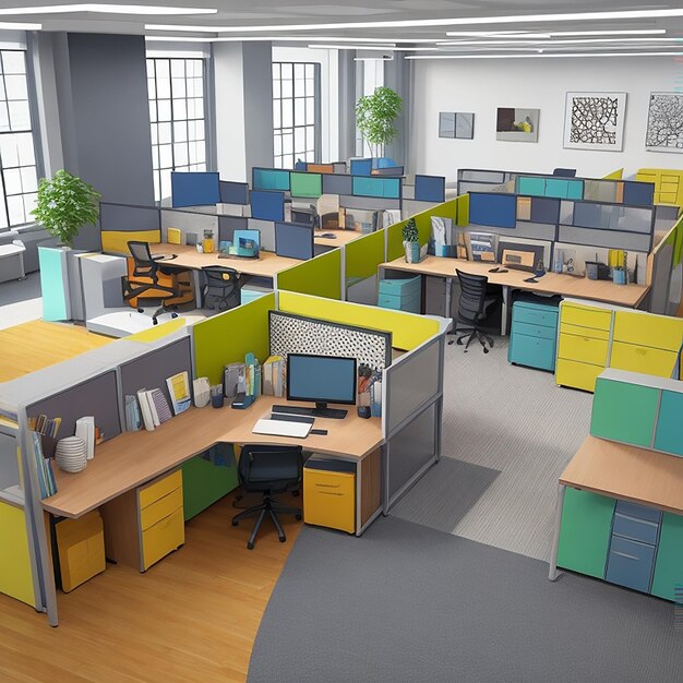 Иллюстрация концепции интерьера мебели для офисных рабочих мест, созданной ИИ