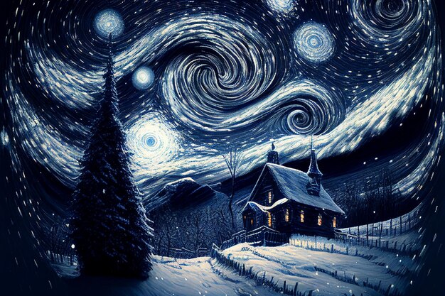 Illustration oil paint house and snow on starry sky winter Created with Generative AI technology