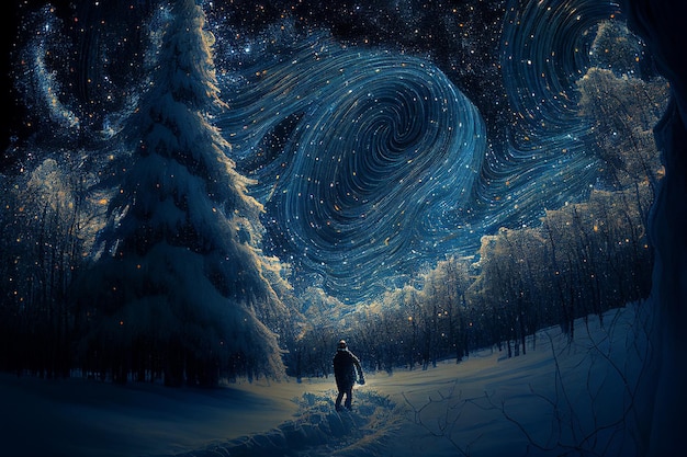 Illustrazione pittura ad olio casa e neve sul cielo stellato inverno creato con la tecnologia generativa ai