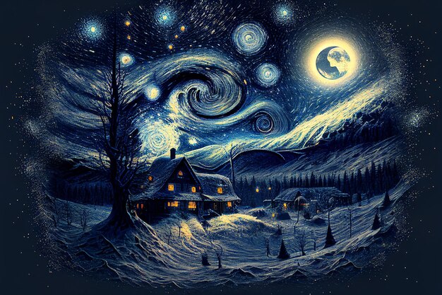 제너레이티브 AI 기술로 만든 겨울 별이 빛나는 하늘에 그림 유성 페인트 집과 눈