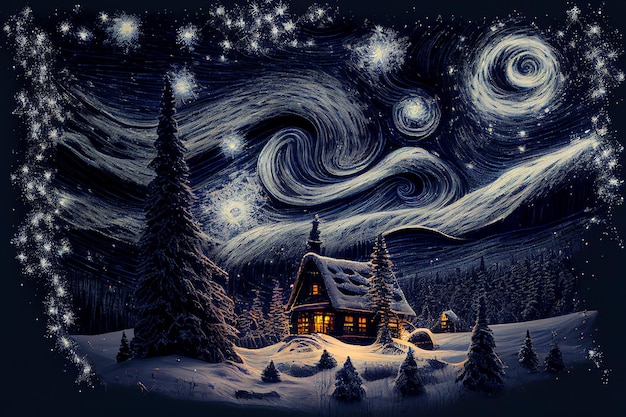 Illustration oil paint house and snow on starry sky winter Created with Generative AI technology