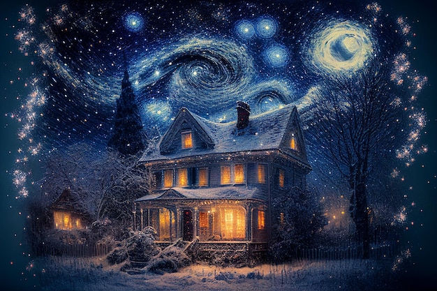 Illustration oil paint house and snow on starry sky winter Created with Generative AI technology