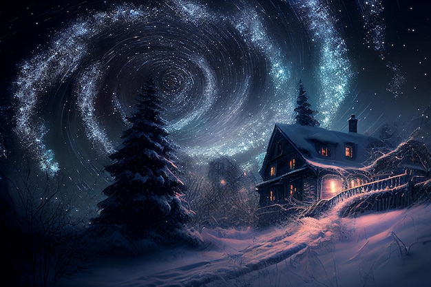 Illustration oil paint house and snow on starry sky winter Created with Generative AI technology