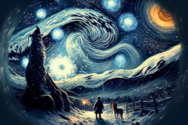 冬の星空に油絵の家と雪のイラスト ジェネレーティブ AI 技術で作成