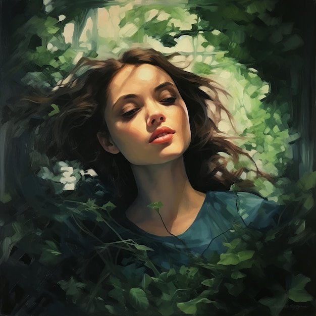 Иллюстрация масляной живописи женщины в зеленом пышном природном лице