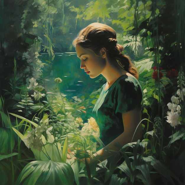 illustration of oil painting of a woman in green lush nature face