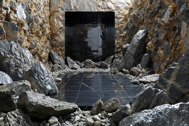 Photo illustration of an old abandoned mine with a stone floor and a door