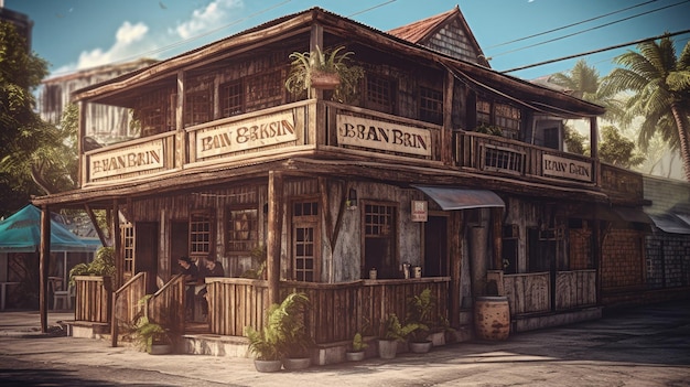 Illustration of an old building in the middle of an urban area