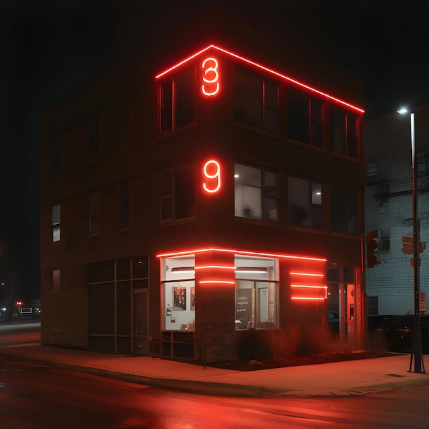 Illustration of an old building with a red neon light in the night