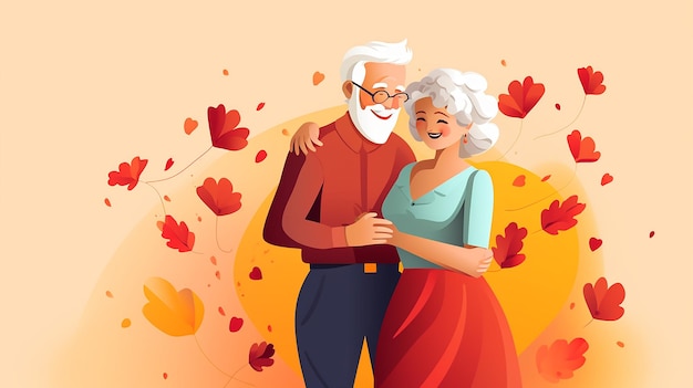 an illustration of an old couple hugging and smiling.