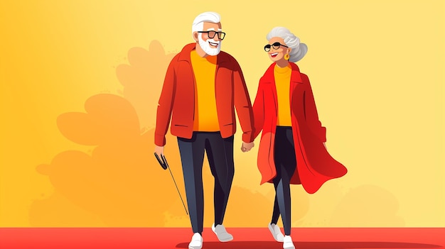 An illustration of an old couple in red coats and sunglasses holding hands