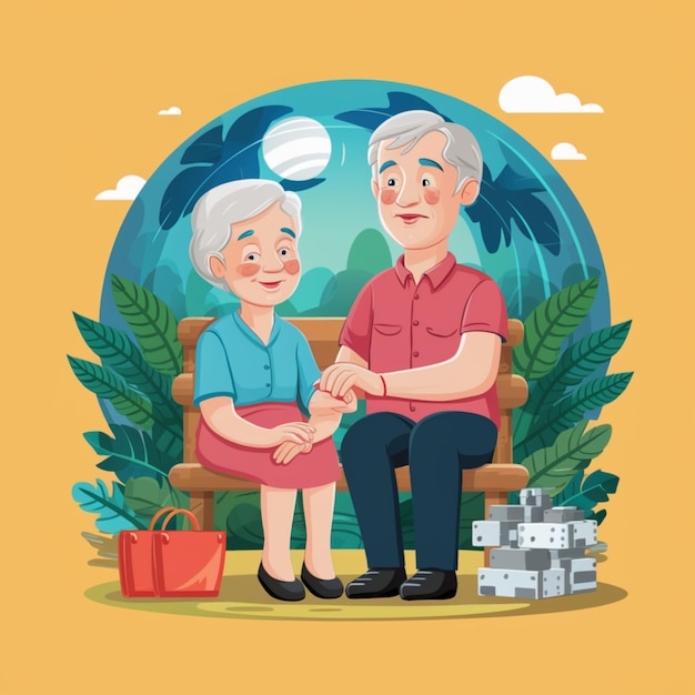 an illustration of an old couple sitting on a bench with a pot of money and a pot of money