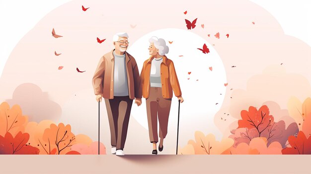 an illustration of an old couple walking in the park with butterflies and flowers.