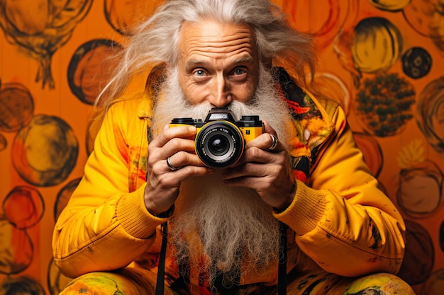 иллюстрация старика, позирующего с фотоаппаратом на оранжевом фоне в стиле модной фотографии