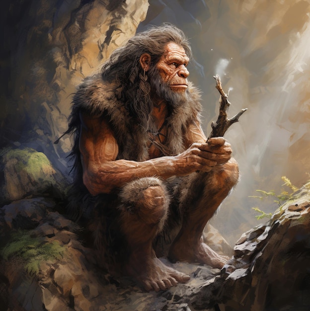 an illustration of an old man sitting on a rock.