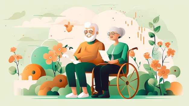 an illustration of an old man and a woman in a wheelchair reading a book.