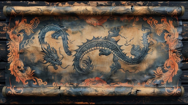 Photo illustration of an old paper scroll with ornamental dragons