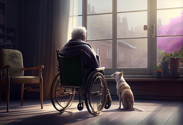 Illustration of an old person sitting on wheelchair near window with dog ai