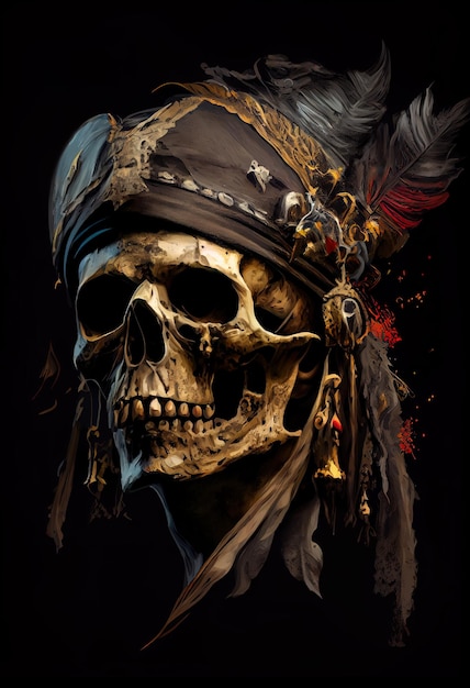 Illustration of an old skull pirate on board a ship a portrait of a captain a sea black background