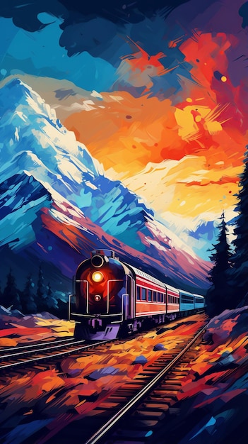 illustration of old train in motion colored with bright colors with