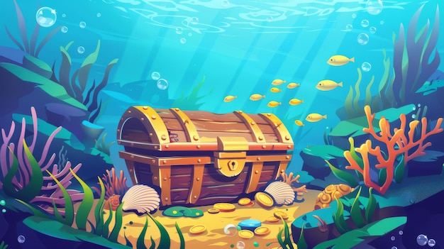 바다 바닥에 황금 동전이 있는 오래된 보물 상자의 일러스트레이션 해조류 진주 데기 산호초 공기 거품 및 모험 게임 배경