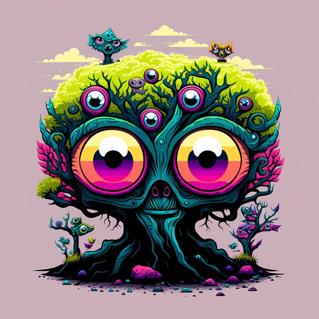 Illustration of an old tree monster, fairy tale and fantasy\
design in an attractive and colorful