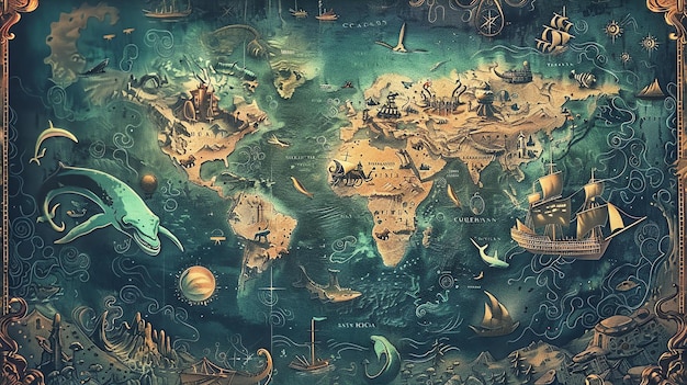 Photo an illustration of an old world map with sea monsters and ships