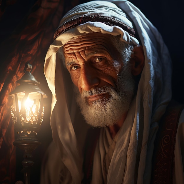 illustration of An old wrinkled arab bedouin in the dessert night