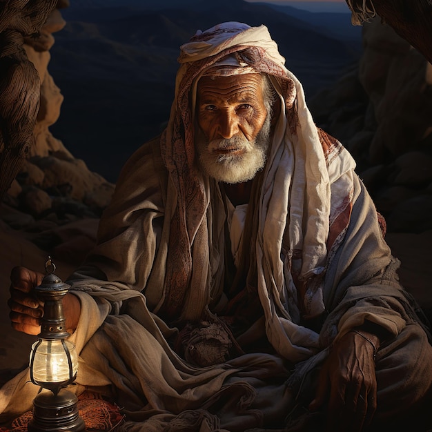 illustration of An old wrinkled arab bedouin in the dessert night