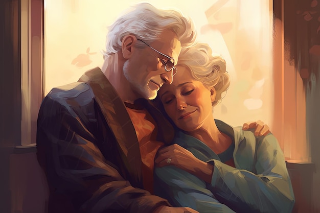 Иллюстрация пожилой пары, обнимающей друг друга с поздравительной открыткой ко Дню дружбы