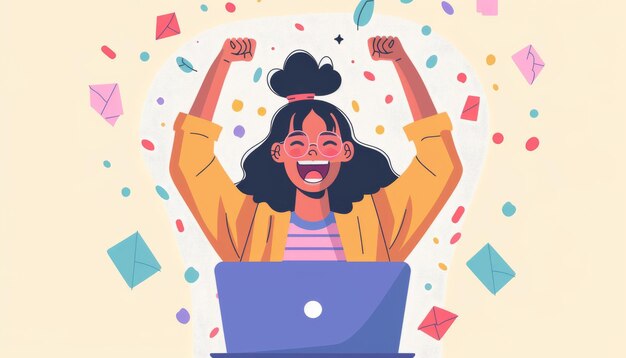 Illustration Online Success Celebration Jubilant Woman with Laptop