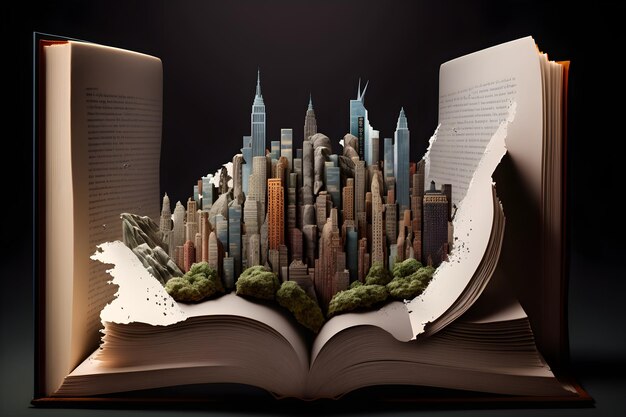 illustration an open book with city