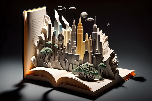 illustration an open book with city