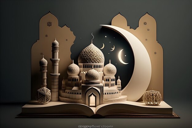 illustration an open book with a mosque and a moon on the top