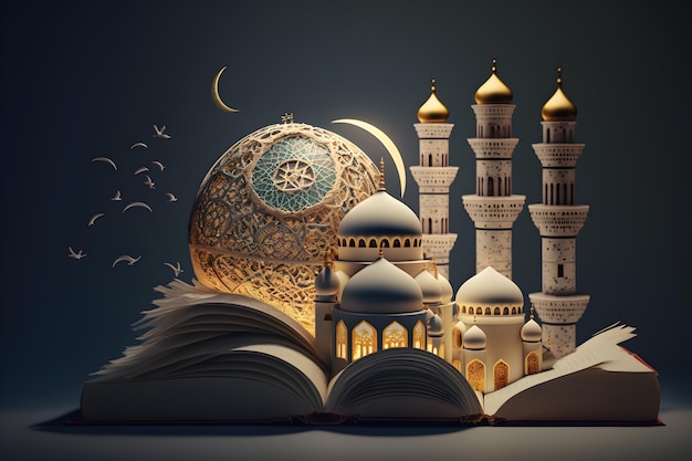 illustration an open book with a mosque and a moon on the top