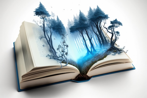 Illustration of open book with mystical forest with blue fog white background Generative AI