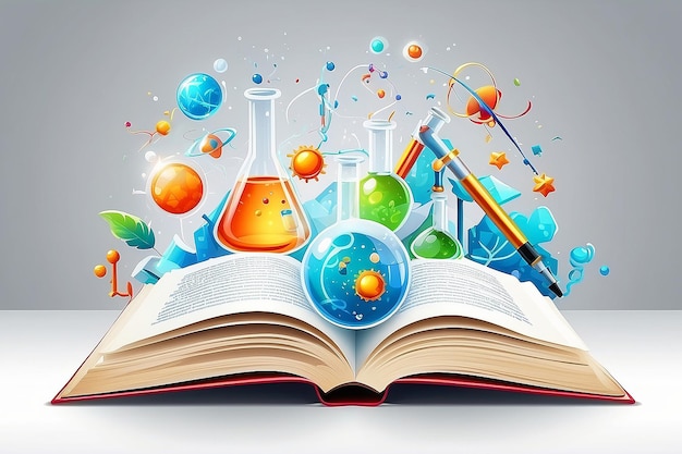 Photo illustration of open book with science elements on white background