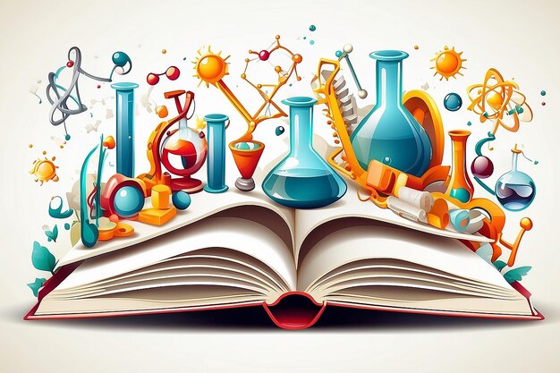 Photo illustration of open book with science elements on white background