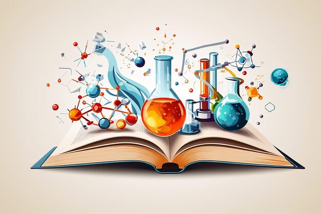 illustration of open book with science elements on white background